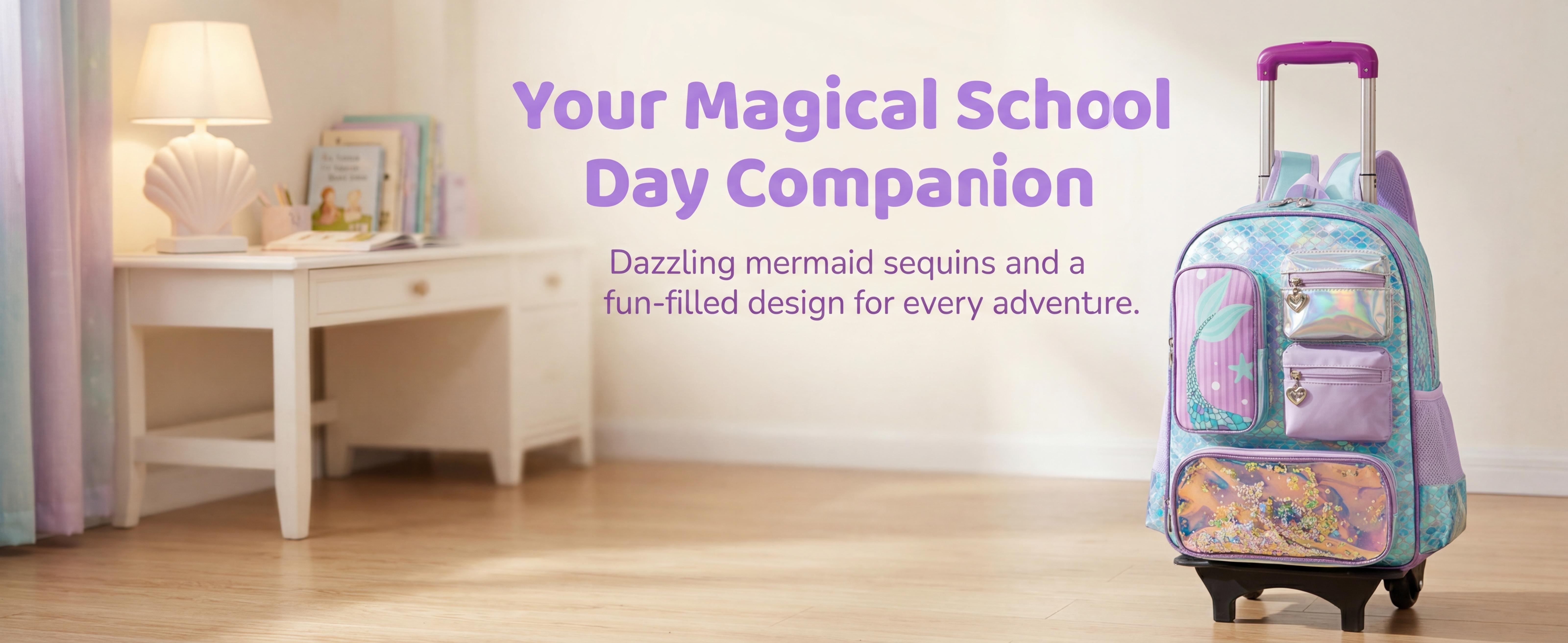 Rolling Backpack for Girls with Wheels Elementary School Bag Lunch Box Pencil Case Set for Ages 6-12 Years Old Mermaid Design