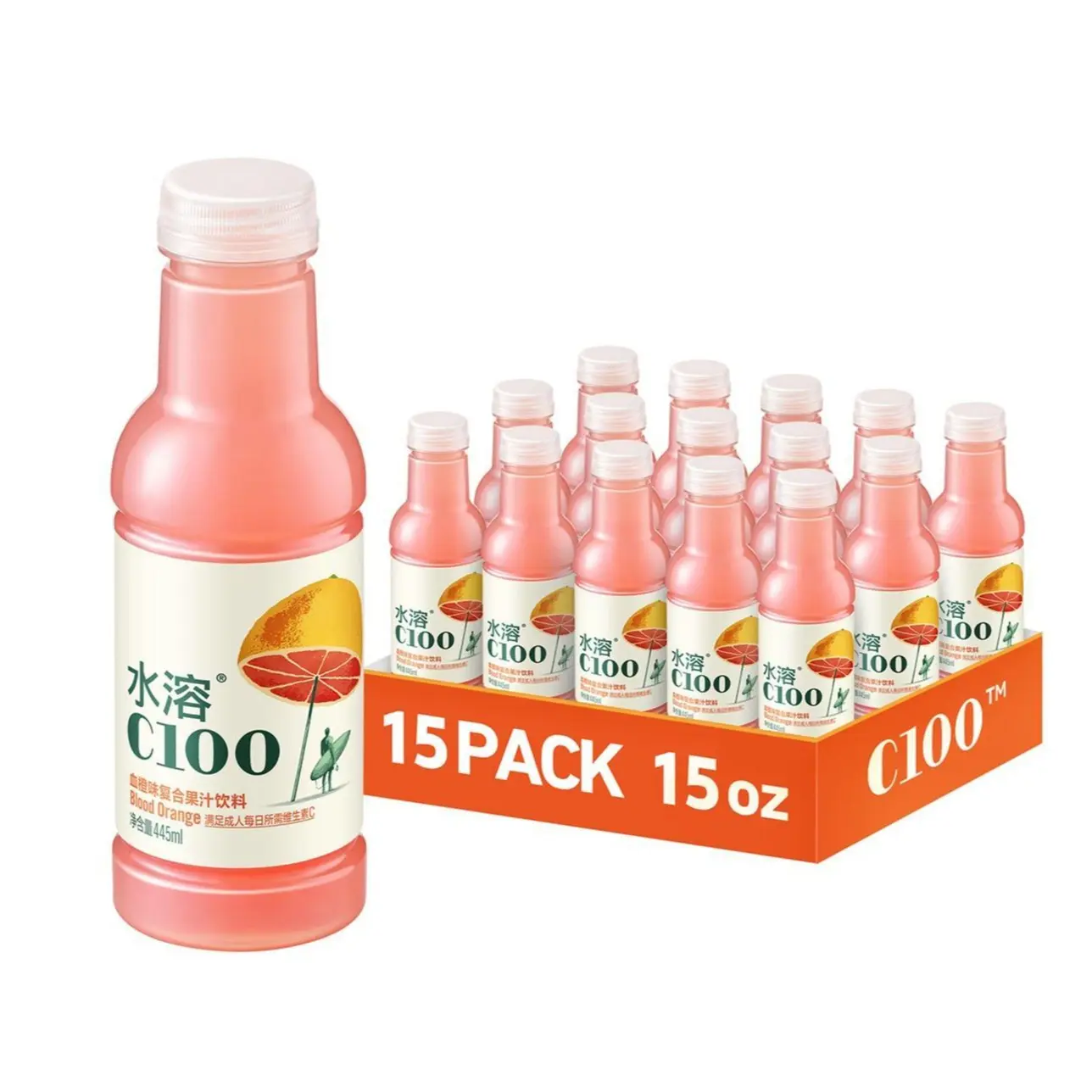 C100 Mixed Fruit Juice Drink 100mg Vitamin C for Daily Use, 12% Real Juice, 4 Flavor Options  –   Blood Orange, Grapefruit, Lemon, Green Tangerine | 15 fl oz Each, Pack of 15 Bottles Beverage Lemonade Iced Powdered Lemonade Electrolyte Tub