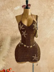 Women's Fashion Chic Comfortable Waist Cinched Sequin Star Patch Backless Tie Belt Bodycon V-Neck Halter Evening Sequins Embellished Dress, Summer Beach Vacation Style