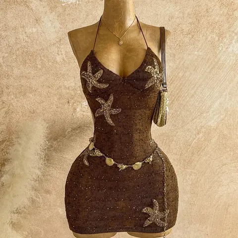 Women's Fashion Chic Comfortable Waist Cinched Sequin Star Patch Backless Tie Belt Bodycon V-Neck Halter Evening Sequins Embellished Dress, Summer Beach Vacation Style