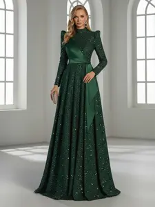 CF Retro-style sequin high-neck gown with a ribbon, elegant and stylish, suitable for evening banquets, important celebrations, red carpet events, and other occasions. Formal Chic Womenswear Green