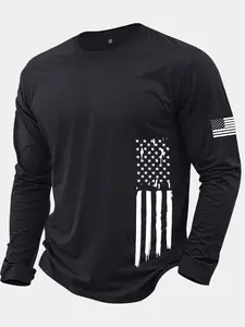 Men's long sleeved T-shirt, thin top, bottom layer long sleeved T-shirt, national flag print pattern, boys' vacation, fishing, sports, street, work, travel, simple and retro style, gift for husband