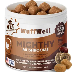 WuffWell Mighty Mushrooms 4 in 1 Supplement for Dogs - Immune Hip Joint Skin Coat Probiotics - Vet Recommended 180g Made in USA