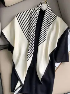 Women's Geometric Stripe Silk Scarf, 90x90cm Loose-Fit Sun Protection Shawl, Casual All-Season Travel Accessory, Multifunctional Design, Square Silk Scarf