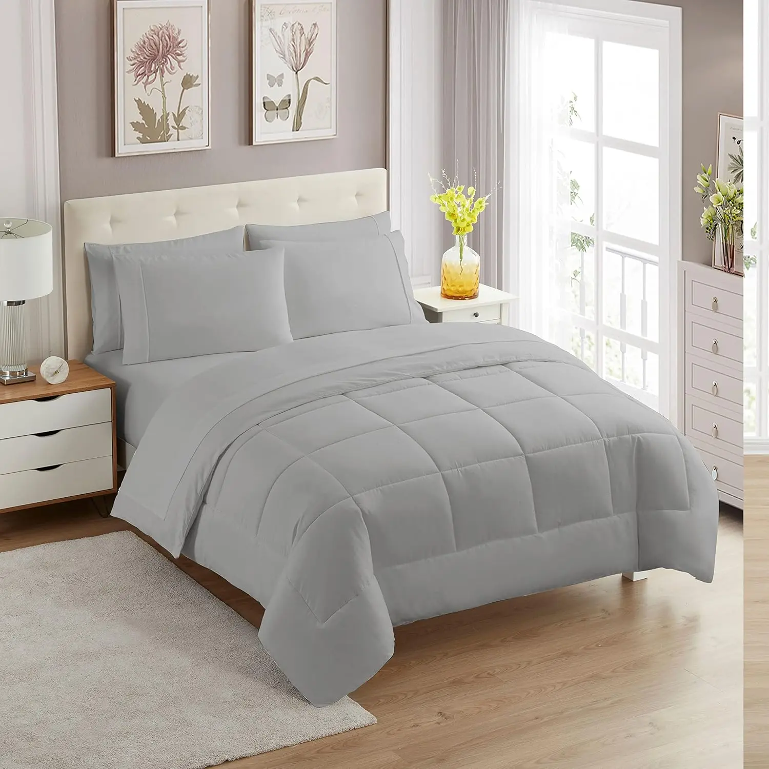 Sweet 7 Piece Comforter Set Bag Color All Season Soft Down Alternative Blanket & Luxurious Microfiber Bed Sheets, Silver, Full