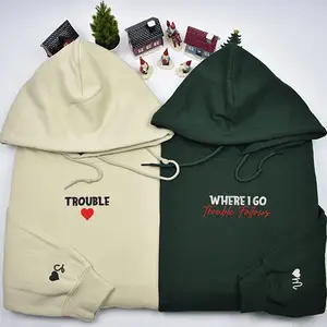 Custom Where I Go Trouble Follows Custom Embroidered Matching Hoodies For Couples, His Her Hoodie, Anniversary Hoodie, Couple Gift