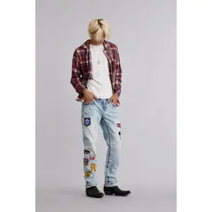 Women's Light Blue Denim Baird Straight Cut Custom Patchwork Jeans - Streetwear Edgy Bottom Pants with Leather Accents, Embroidery Details, Functional Pocket, Denim-Effect Patchwork, LA Style, Custom Jeans