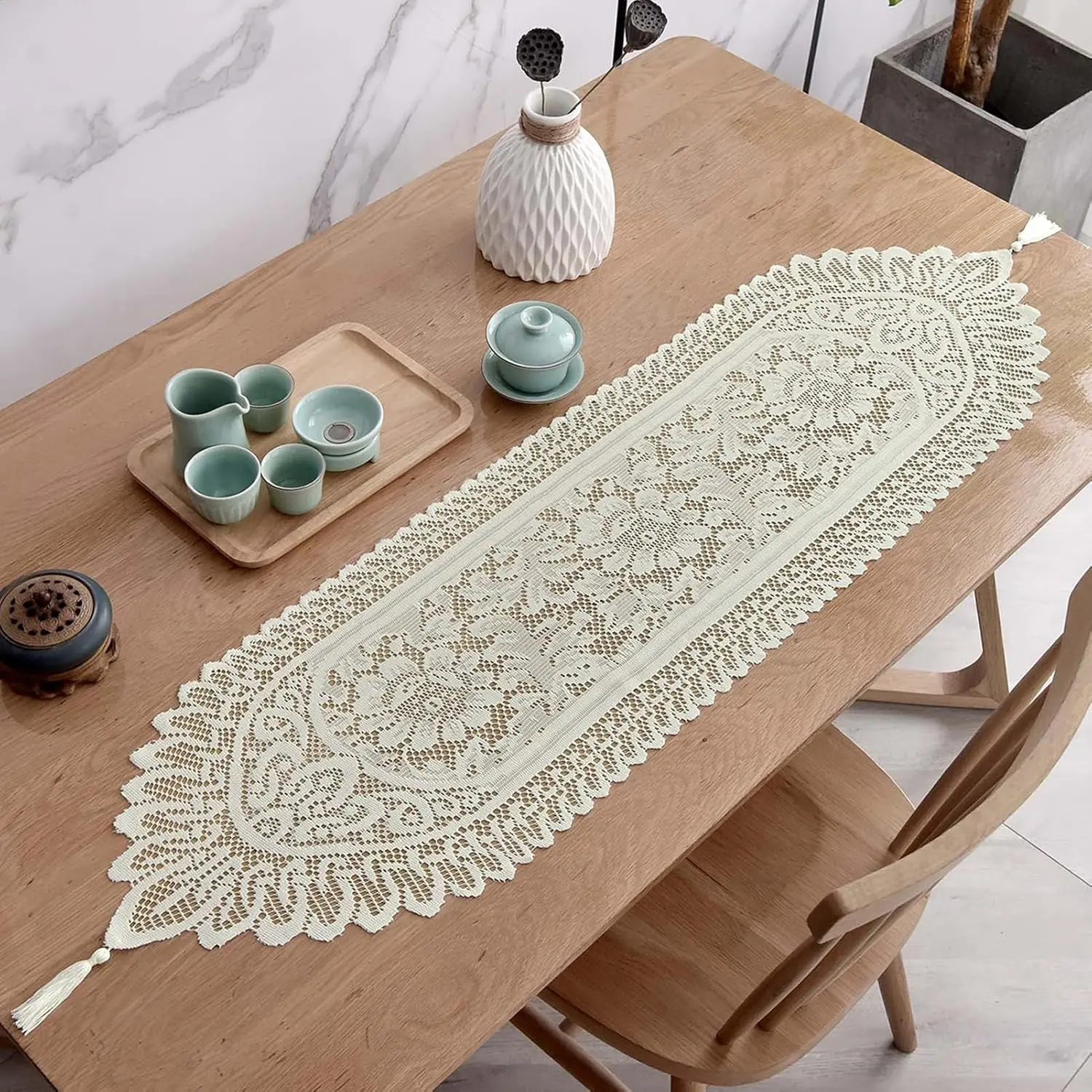 2Pcs Lace Table Runners with Tassels Farmhouse Boho Doily Vintage Floral Dollies for Tables Dresser Nightstand Decor Beige 13x45 Cotton Polyester Blend