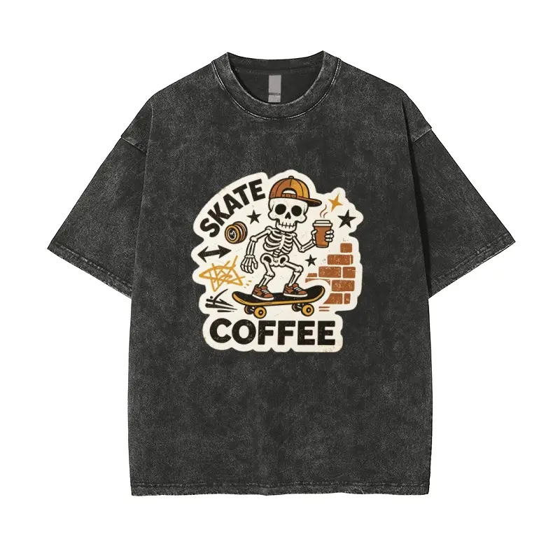 Unisex Relaxed Fit Washed Graphic Tee – Retro Skate Coffee Skull Print Short Sleeve Streetwear T-Shirt