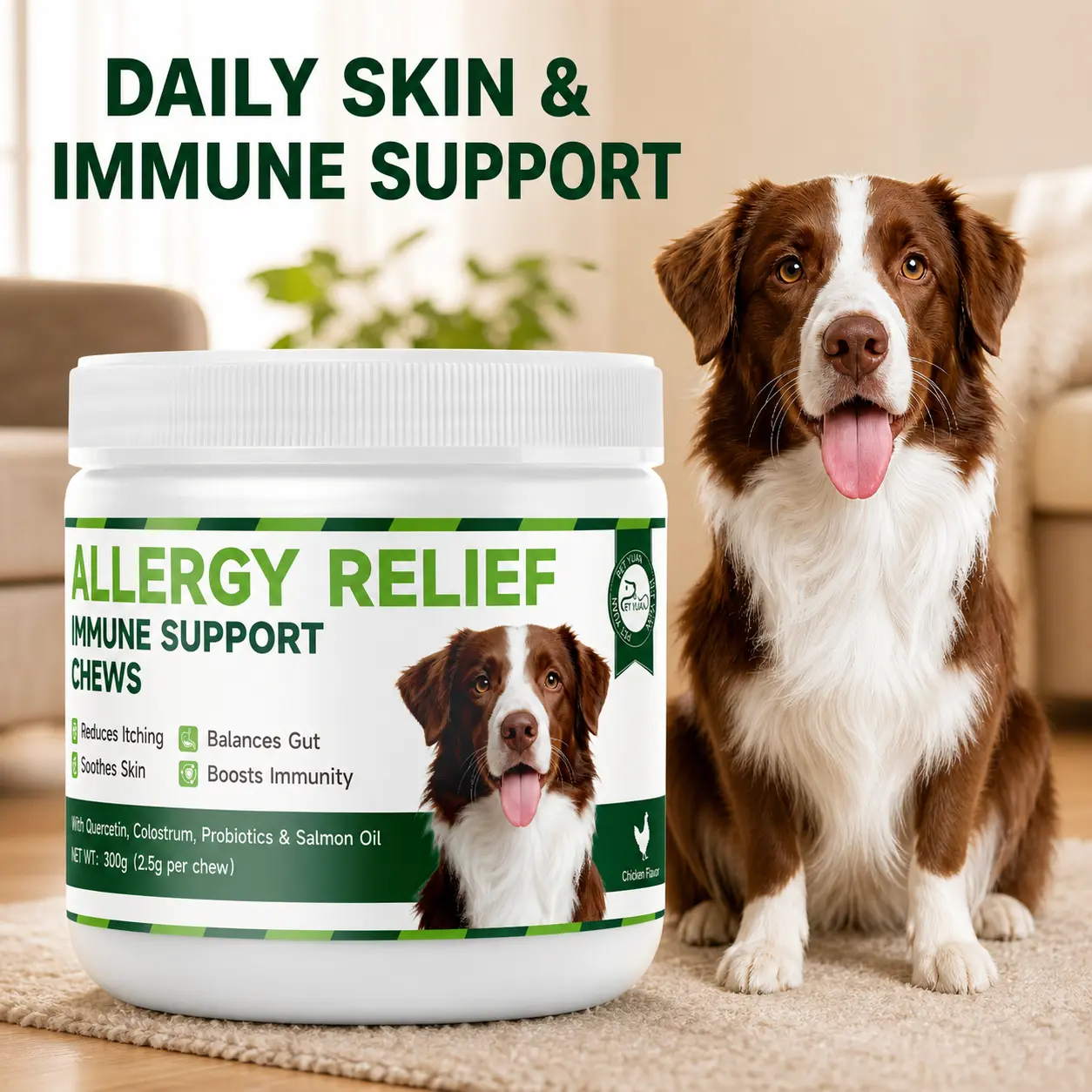 Dog Allergy relief Support Soft Chews with Quercetin, Colostrum, Probiotics and Salmon Oil, Chicken Flavor Daily Skin, Gut and Immune Support Supplement