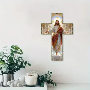 1 wooden material wall art cross of Jesus Christ, (thickness 0.5cm, golden hook on the back), suitable for living rooms, homes, churches, offices, study rooms, Enhance Any Space, Versatile Setting, religious mural decoration, unique home decoration