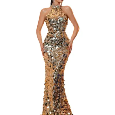 Embellished Scoop Neck Thigh Split Maxi Dress in Gold - TikTok Shop