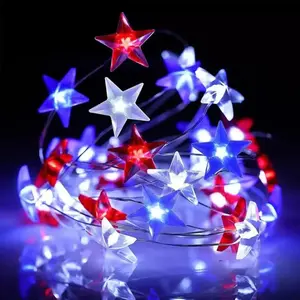 Three-color star string lights made of copper wire in red, blue, and white; outdoor solar lights for Independence Day celebrations in the United States; consist of 80 LED lights, suitable for garden, weddings, courtyards, camping, and party decorations.,,