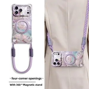 Trendy Chinese-style lotus aesthetic iPhone case | MagSafe magnetic 360° rotating stand + lanyard (liquid silicone shockproof) for iPhone 16/17 with gold wrist strap