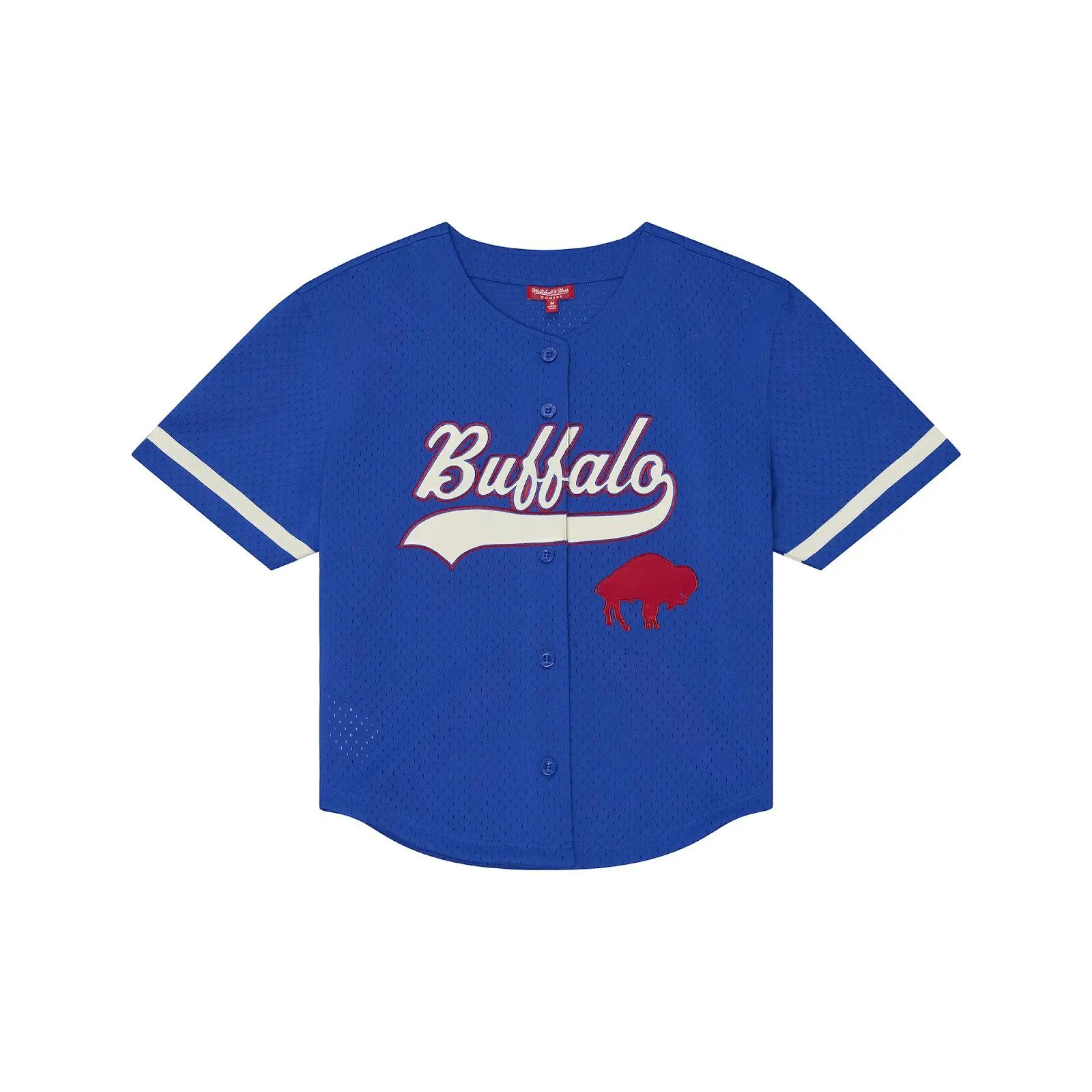 Mitchell & Ness Women's Buffalo Bills Long Sleeve Mesh Fabric Baseball Jersey, Female Button-Front Top for Game Day Outfits