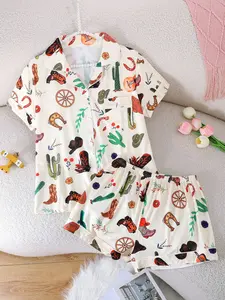 Women's Sleepwear Set, Collared Short Sleeve Cardigan & Loose Elastic Shorts, Western Cowboy Full Print, All Seasons, Casual Home Wear, Pajama Set, Loungewear, Homewear