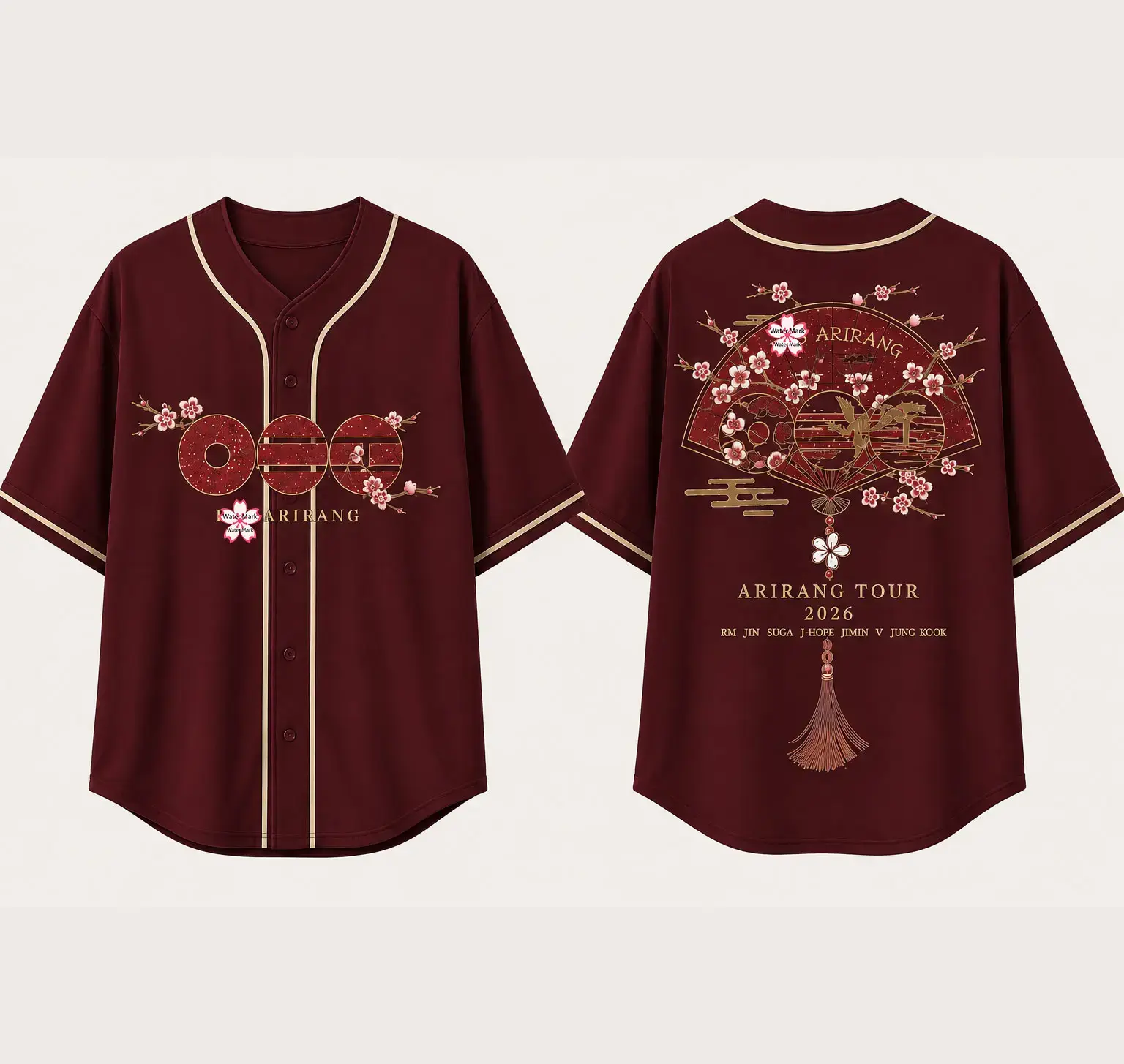 Burgundy Cherry Blossom Baseball Jersey Shirt, ARMY Concert Outfit 2026 World Tour Fan Graphic Short Sleeve Button Down Streetwear Top Unisex