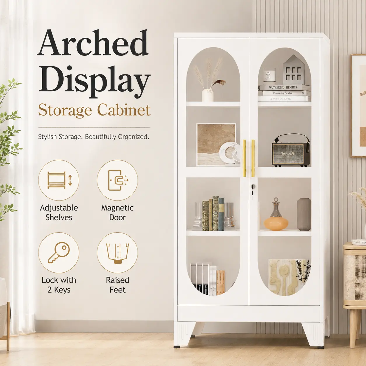 EROSOEI 61-in Locking Modern Storage Cabinet - Anti-Rust Steel Glass Cabinet with Adjustable Shelves for Living Room, Office, Modern Storage Cabinets, Anti-Rust Steel Glass Cabinets