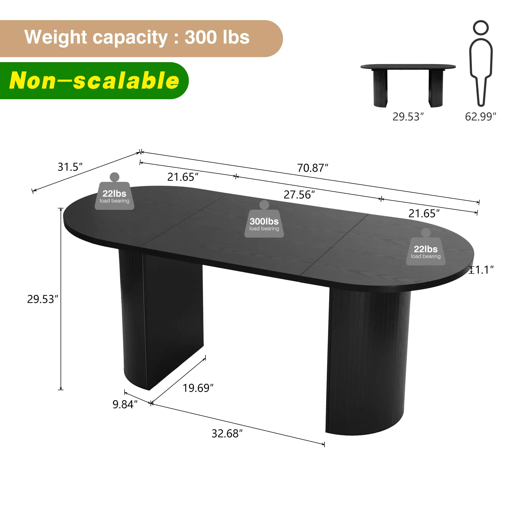 Black 70" Oval (Semi-cylindrical Legs)