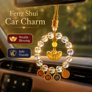 Feng Shui Car Hanging Ornament, Five Wealth Gods Lucky Charm with Colorful Abacus Lock, Chinese Car Rear View Mirror Pendant for Safe Travel