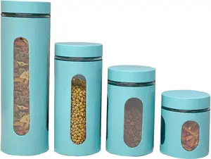 Kitchen Canisters Set For Countertop By Home Basics | Retro-Styled Canisters For Kitchen Counter | Stainless Steel and Glass, See-Through Windows (Turquoise), 4 Pieces