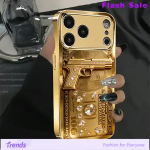 Whole Pistol Gold Dollar Pattern Electroplated Glass Phone Case, Available in Gold and Silver, High-end Luxury Phone Case, Compatible with iPhone 11/12/13/14/15/16/17for Samsung