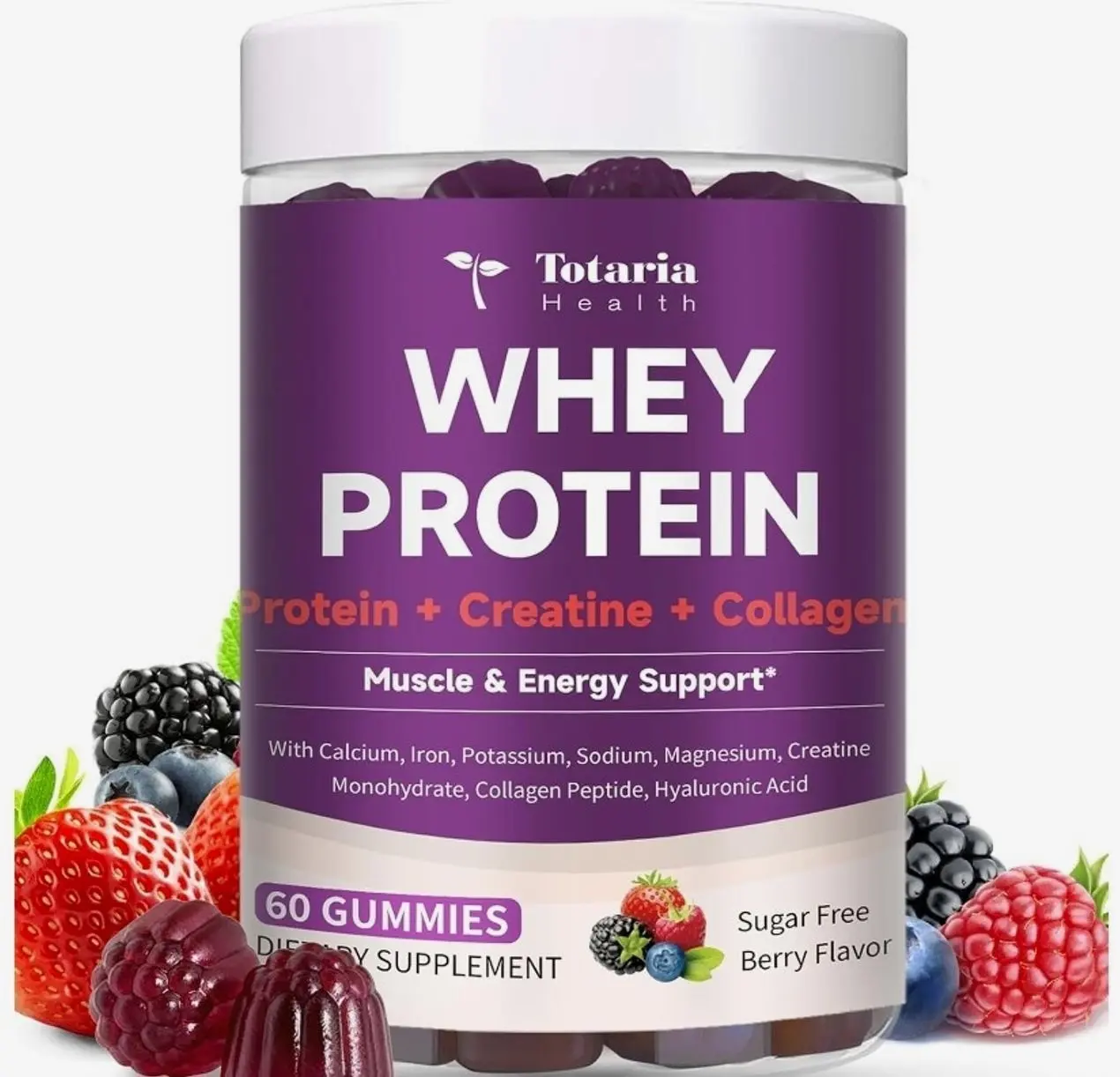 3 in 1 Whey Protein Gummies | Creatine Monohydrate | Collagen, 0 Sugar, Pure Protein Source, Muscle & Energy Support, Berry Flavor, for Women and Men