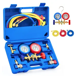 SJPACK OMT AC Manifold Gauge Set 3 Way for R12 R22 R502 R134a Refrigeration Charging with Hoses and Valves