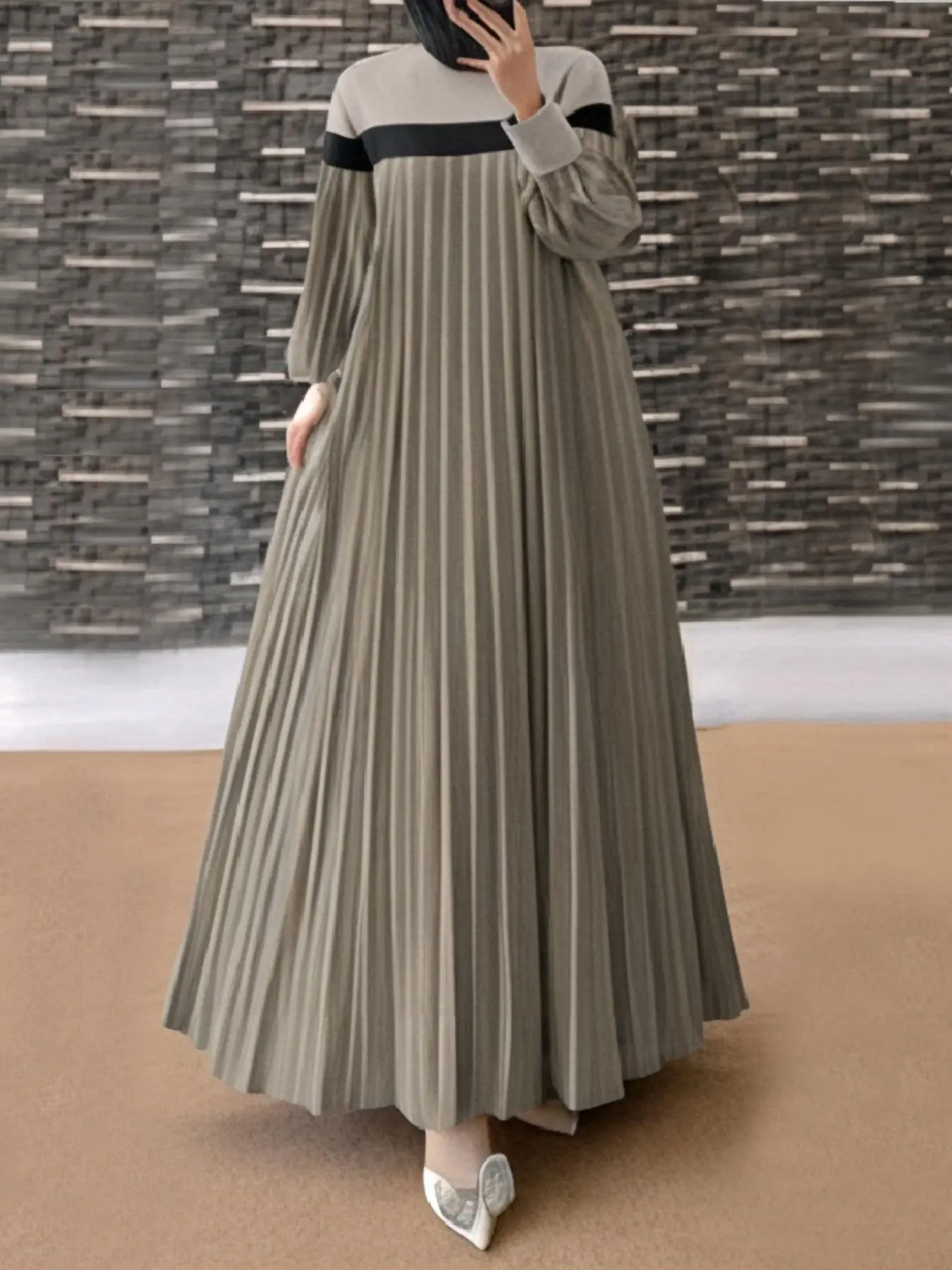 Women's Colorblock Pleated Long Sleeve Tunic Dress, Elegant Round Neck Long  Dress for Party Club Dating Wear, Women's Clothing for Fall & Winter,  Pleated Dresses