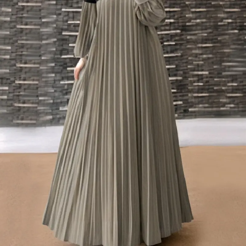 Women's Colorblock Pleated Long Sleeve Tunic Dress, Elegant Round Neck Long Dress for Party Club Dating Wear, Women's Clothing for Fall & Winter, Pleated Dresses