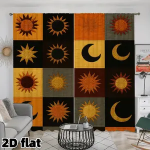 2D Flat 2Pcs Celestial Sun Moon Tapestry Curtain Panels Boho Aesthetic Wall Hanging Decor Earth Tone Embroidered Window Treatment Semi Sheer Blackout For Living Room Bedroom Home Decoration Dorm Art Wall Tapestries