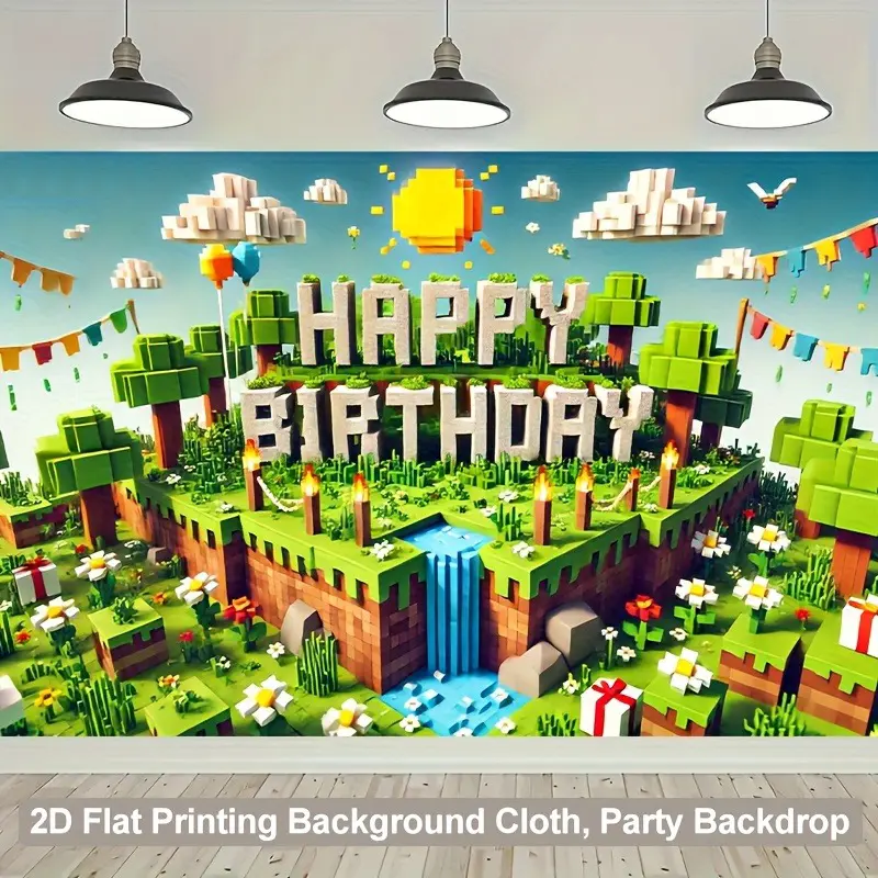 Pixel Art Style Polyester Birthday Backdrop Picture - Party Decoration Supplies for Birthday Party, Home & Garden Photo Props, Multi-Functional 2D Flat Banner, Lightweight, Anniversary