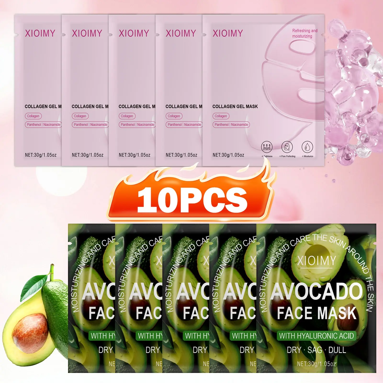 10pcs Niacinamide Collagen Avocado Mask Set, Deep Moisturizing Firming, Hydrates Skin, Rich in Bio-Collagen and Hyaluronic Acid