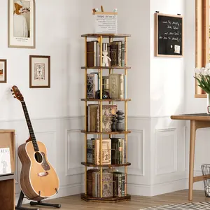IRONCK 5-Tier 360° Rotating Bookshelf, Round Spinning Bookcase for Home & Office, Wooden Floor Standing Storage Organizer Display Rack