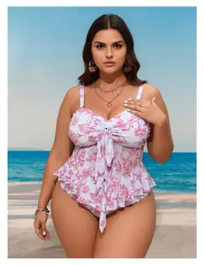 Floral Tie-Front Tankini Swimsuit - Pink White Ruffled One Piece Bathing Suit for Women; Cute Summer Swimwear with Adjustable Straps; Modest Beach Pool Vacation Outfits