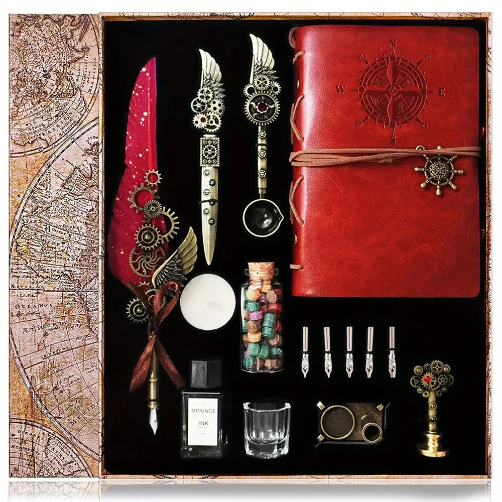 Vintage Mechanical Quill Pen & Wax Seal Stamp Kit - DIY Craft Supplies with Feather Quill Dip Pen, Letter Opener, Metal Tools, Thanksgiving Gift for Students, Perfect for School & Office Use, Ideal Birthday Present