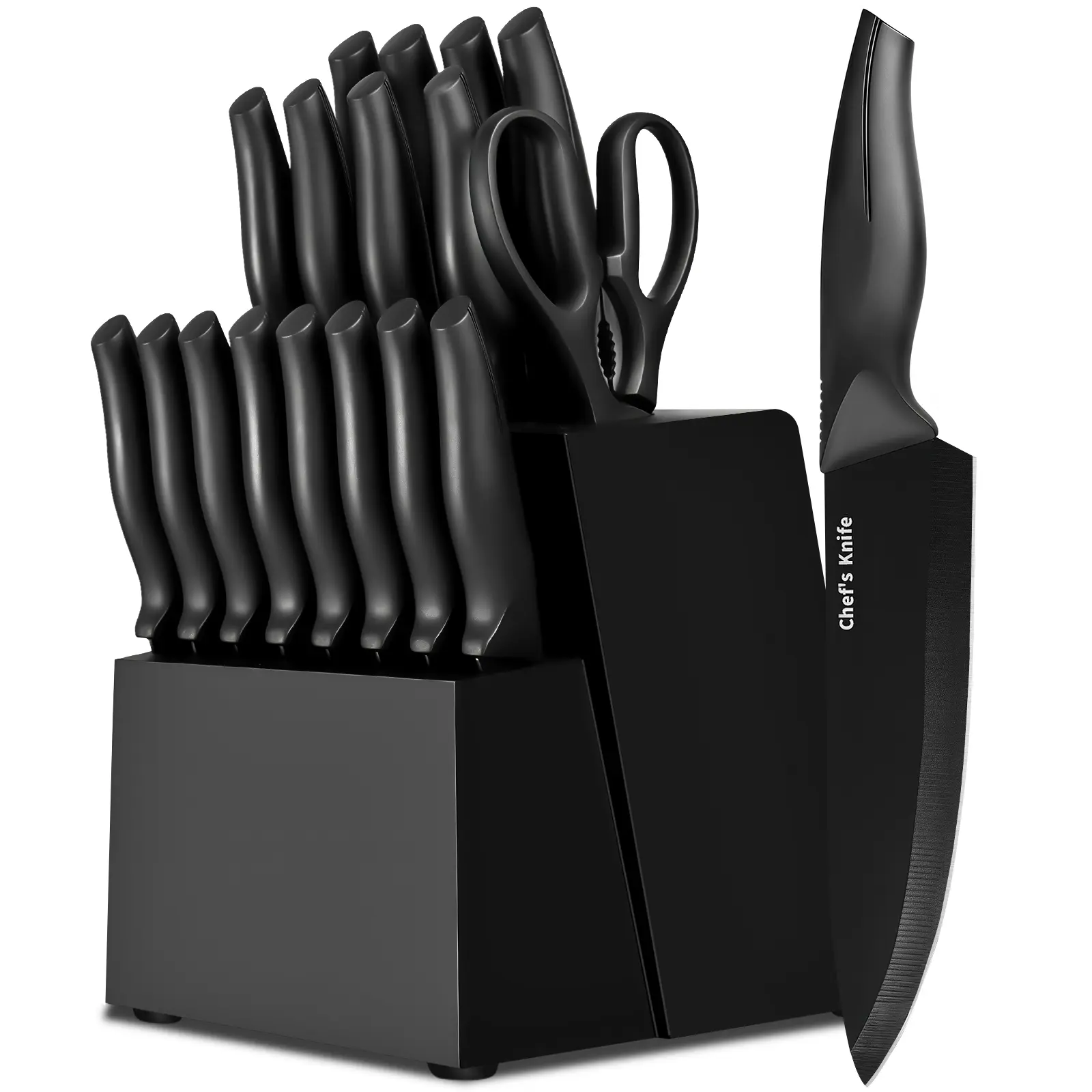 19-Piece Self-Sharpening Stainless Steel Black Kitchen Knife Block Set with Rectangular Block, ABS Anti-Slip Ergonomic Handles, Built-In Sharpener, Space-Saving Design, Dishwasher Safe for Home Kitchen Cutting