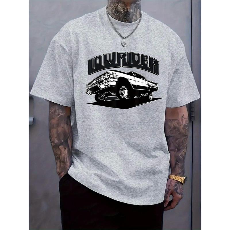 Men's Casual Lowrider Graphic T-Shirt - Short Sleeve, Crew Neck, Summer & Spring Wear, White with Black Print, Lightweight Polyester Blend, Machine Washable, Casual T Shirts