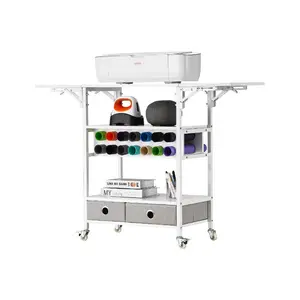 fathersdaygift VEVOR Rolling Craft Cart and Storage Table, Compatible with Cricut Machines, Collapsible Cricut Table with Foldable Sides, Craft Rolling Storage Organizer with 14 Vinyl Roll Holders and 2 Drawers