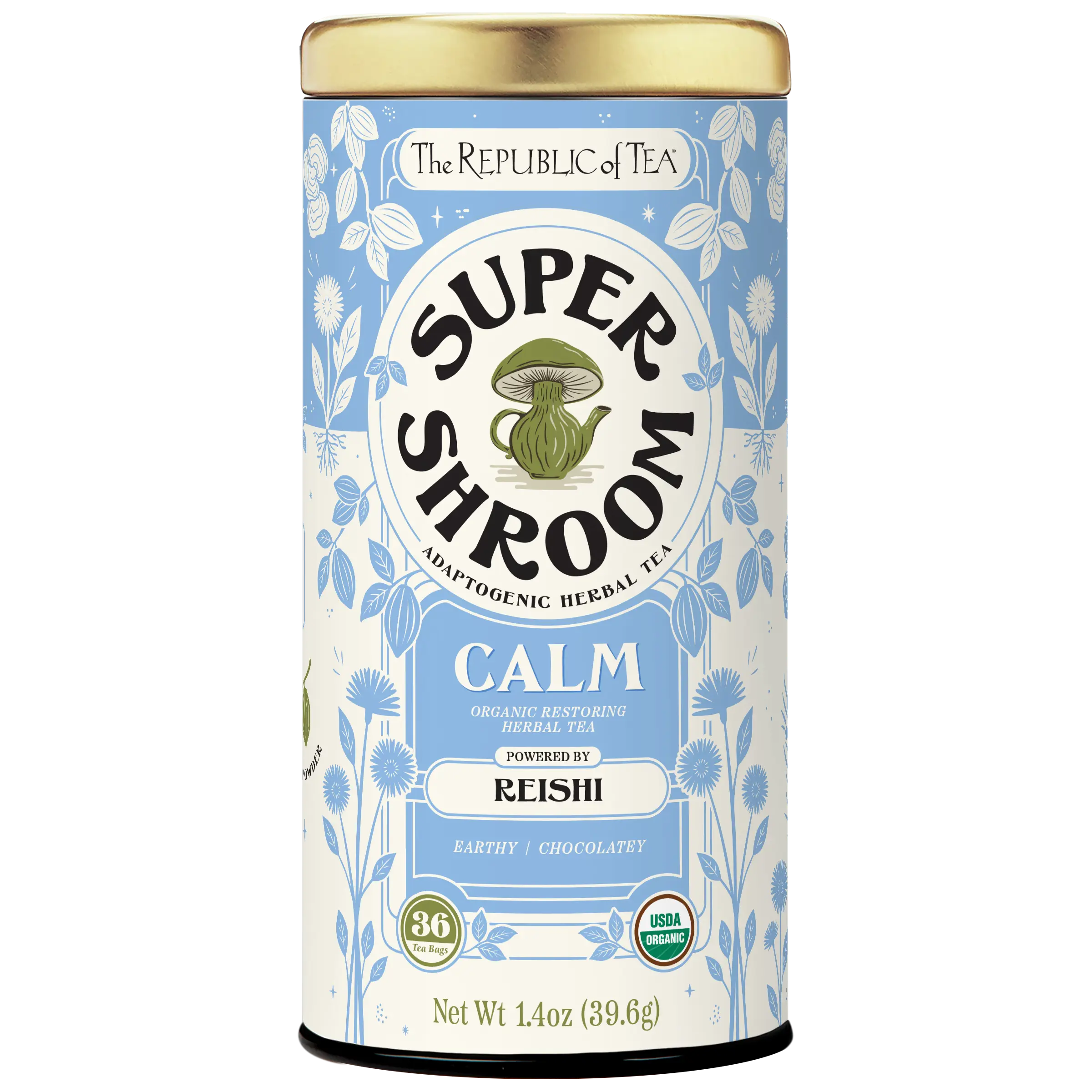 The Republic of Tea SuperShroom Calm Reishi Herbal Tea, Organic Rooibos, Cocoa and Dandelion Root Blend, Low Caffeine, Unbleached Tea Bags in Reusable Tin, 36 Count