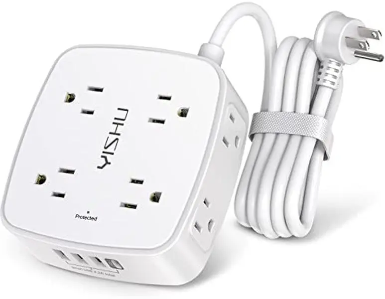 YISHU 6Ft Surge Protector Power Strip with 8 Widely Outlets & 4 USB Ports | 3 Side Outlet Extender with 6 Feet Extension Cord, Flat Plug, for Home, Office, College Dorm Room Essentials