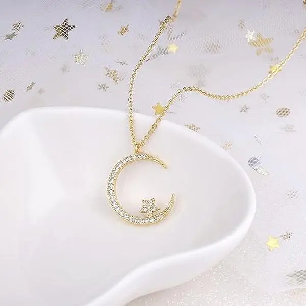 Women's Sparkling Star-Charm & Crescent Moon Pendant Cubic Zirconia Collarbone Necklace, Delicate Luxury Jewelry, Ideal Birthday Gift for Girls (Sports & Outdoor Camping Hiking Hammock Accessory), Crescent Moon Necklace, Cubic Zirconia Jewelry, Moon Penda