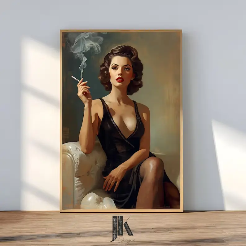 Unframed Retro Glam Woman with Cigarette Poster - High-Res Paper Digital Photo, Vintage Pinup Fashion Wall Art Print for Bedroom Decor & Room Inspo, Old Money Luxury Home Decor Supplies