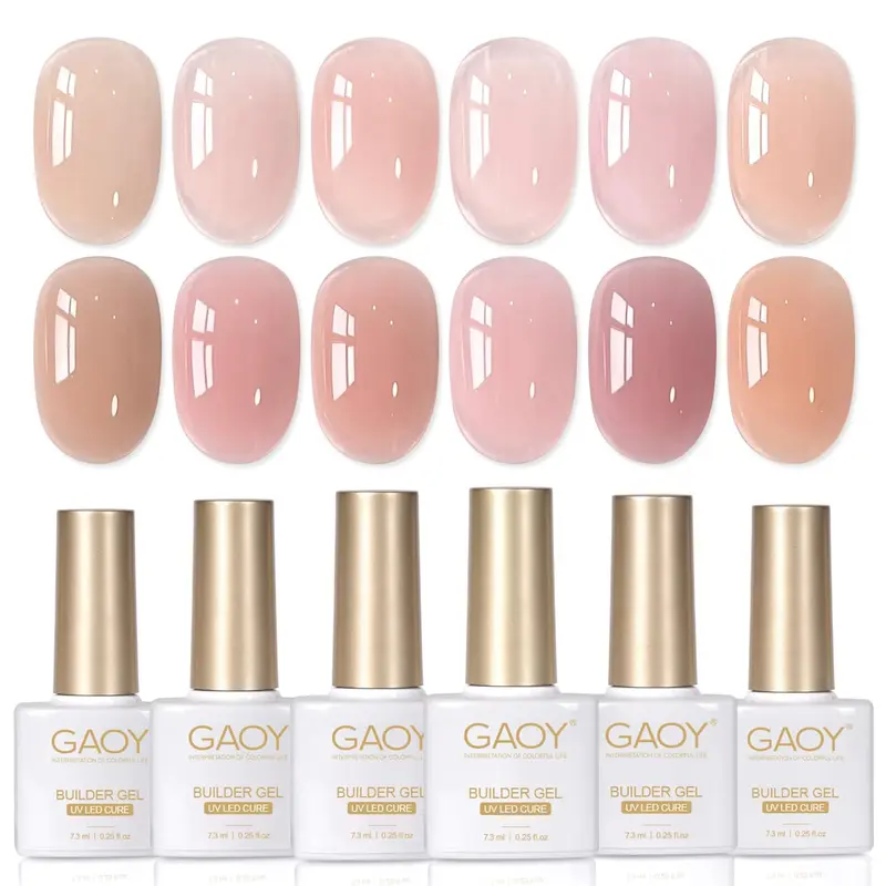 GAOY 6 Colors Builder Gel Set for Nails, Milky White Pink Nude Sheer Jelly Nail Strengthener, Soak Off Nail Extension Hard Gel, Rose Jelly, Base Coat Top Coat Needed