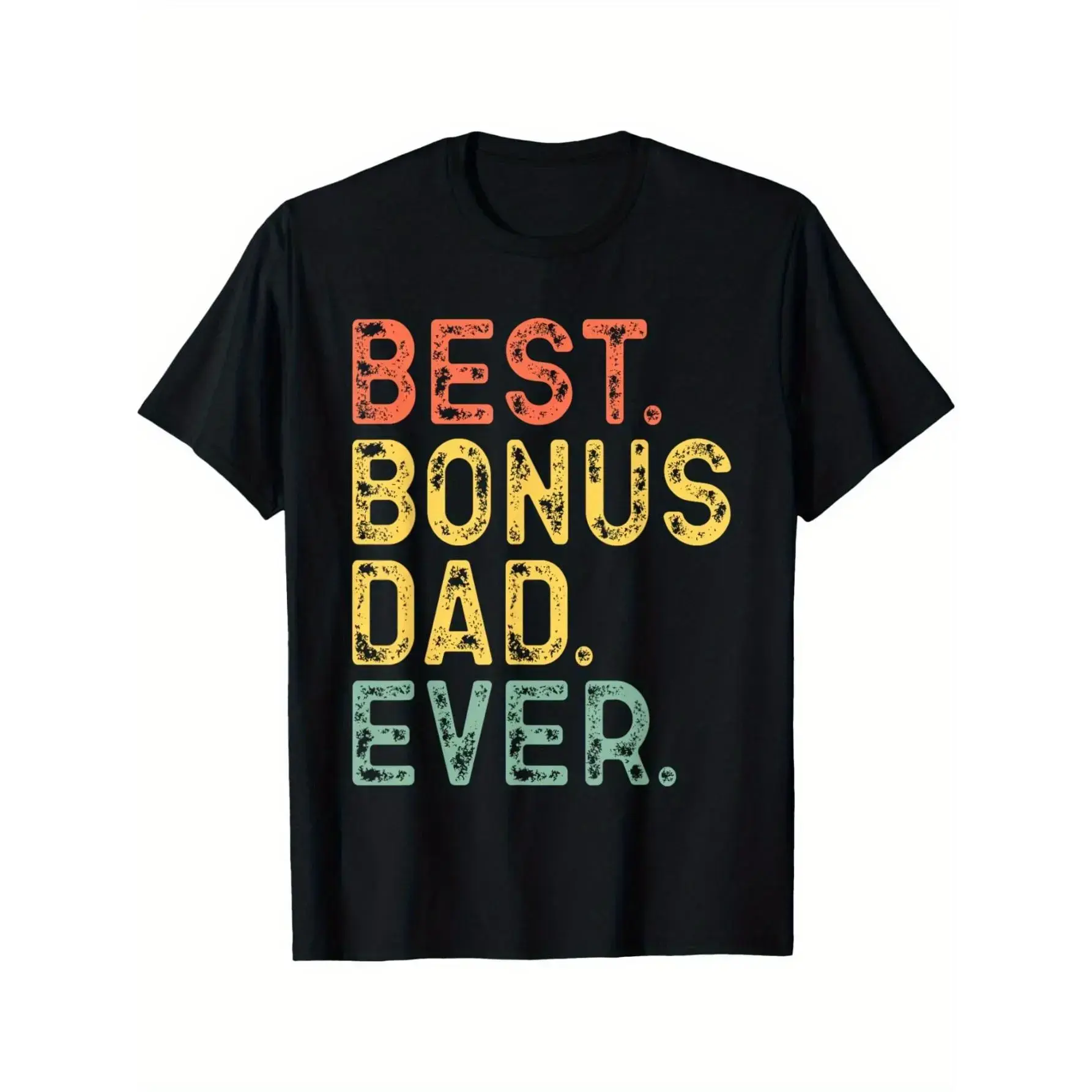 Best Bonus Dad Ever Retro Vintage Graphic T-Shirt - Black Relaxed Fit Casual Tee with Distressed Colorful Print, Machine Washable Funny Gift for Dads, Fathers Day T Shirts, Durable Fabric Shirt, Humorous Design, Soft Material, Stepdad PresentCHEN JX Shop