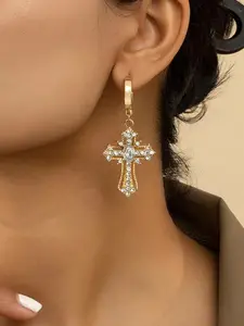 Water Drill Decorated Hollow Out Design Cross Earrings, Perfect for Daily Wear and Festive Occasions, Ideal Gift for Family