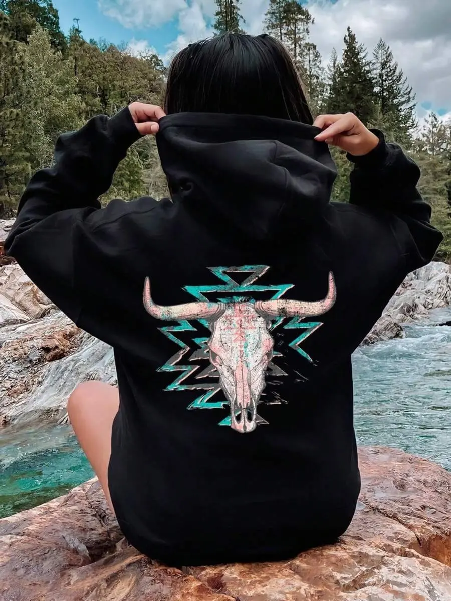 Oversized Cow Skull Western Gift For Her Hoodie, Vintage Rodeo Hoodie, Western  Bull Skull Hoodie, Cowboy Hoodie, Bull Skull Hoodie, Boho Cowgirl
