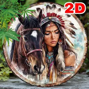 Room Decor 1pc Native American Woman and Horse Round Aluminum Wall Decor, 2D Heavy-Duty Metal Sign, Rustic Home and Cafe Decoration, High-Bend Resistance, Durable Kitchen Window Accent