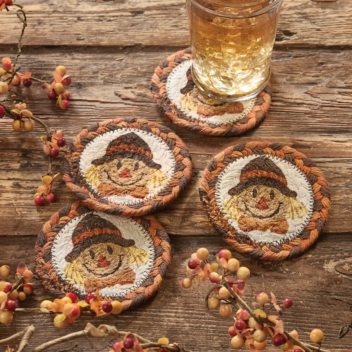 Farmhouse Cotton Scarecrow Coaster Set, 4 Inch, Heatproof, with Charming Depiction of a Scarecrow, Four Pieces, Heat Resistant