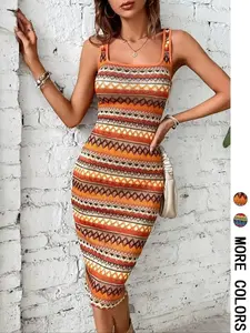VYBE Women's Geometric Chevron Print Backless Bodycon Dress, Boho Style Square Neck Sleeveless Knee Length Dress for Beach Vacation Holiday, Ladies Summer Clothes